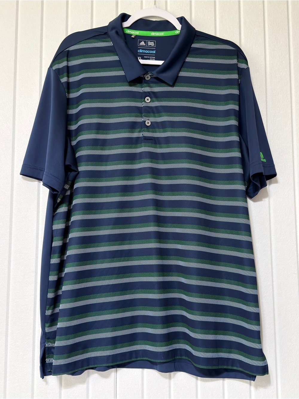 adidas Navy & Green Striped Climacool Polo - XL